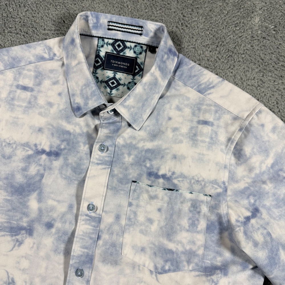 7 Diamonds Blue‎ White Tie Dye 4-Way Stretch Performance Button Shirt Small